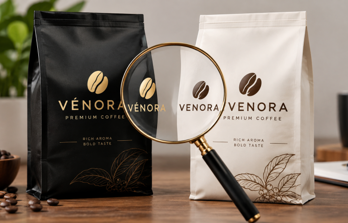 Two nearly identical premium coffee bags, one black and one white, both labeled "Vénora," compared side by side under a magnifying glass to highlight their similarity.