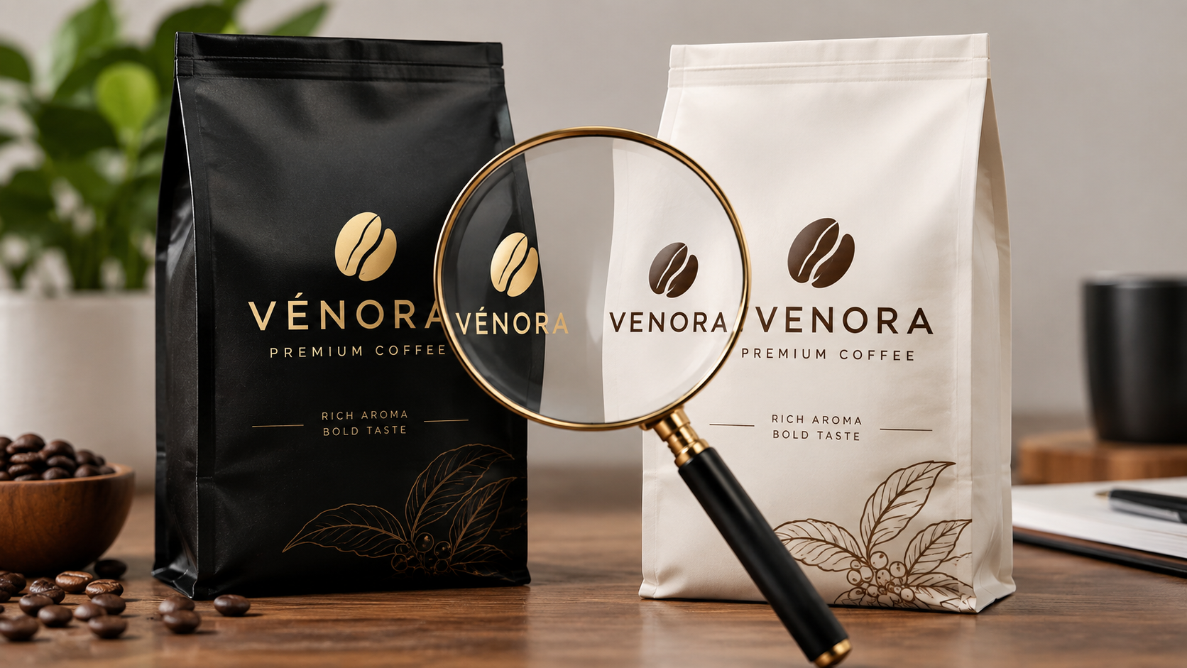Two nearly identical premium coffee bags, one black and one white, both labeled "Vénora," compared side by side under a magnifying glass to highlight their similarity.
