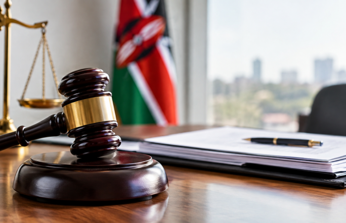 Judge's gavel, scales of justice and the Kenyan flag on a desk, symbolising a Kenyan Court of Appeal ruling on filing deadlines
