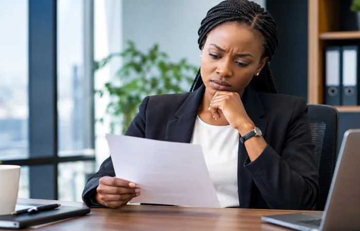 Employee in a Nairobi office reviewing a job transfer letter