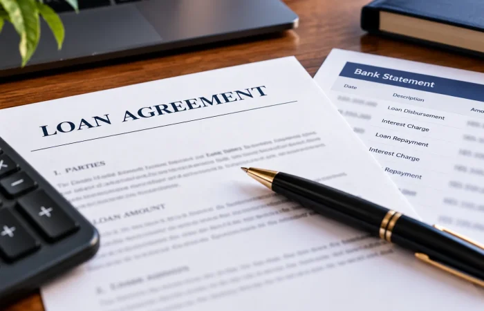 Loan agreement, bank statement, pen and calculator illustrating the in duplum rule on loan interest in Kenya