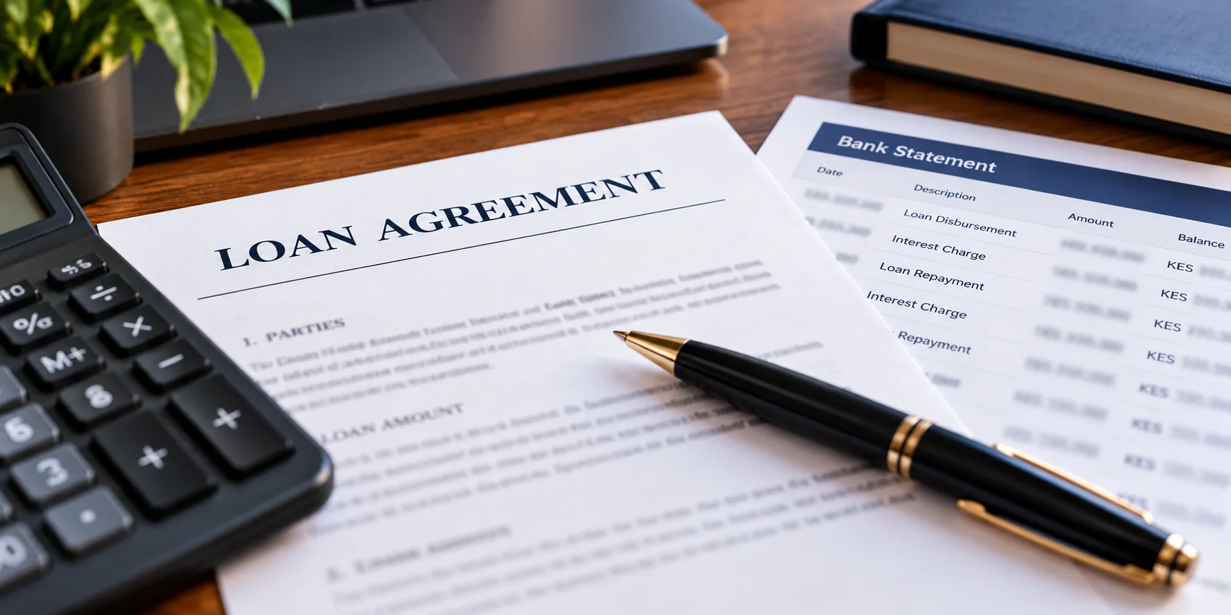 Loan agreement, bank statement, pen and calculator illustrating the in duplum rule on loan interest in Kenya